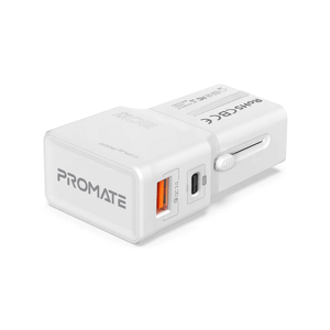 PROMATE TriPlug-PD20 Elegantní univerzální cestovní adaptér s 20W napájením a rychlým nabíjením 3.0, bílý