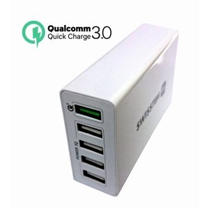 SWISSTEN síťový adaptér Qualcomm 3.0 Quick Charge + Smart IC 5x USB 50 W power bílý