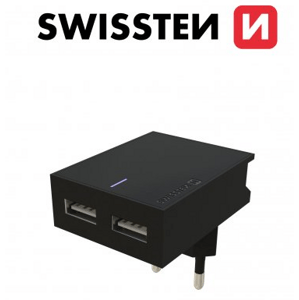 SWISSTEN travel slim adaptér 2x USB 3 A Barva: Černá