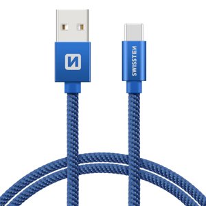SWISSTEN datový kabel textile USB / USB-C 0,2 m Barva kabelu: Modrá