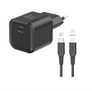 SWISSTEN Síťový adaptér GaN 1x USB-C 35W power delivery + datový kabel USB-C/lightning 1,2 m Barva: Černá