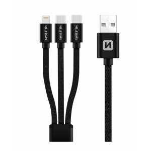 SWISSTEN datový kabel textilní 3in1 1,2 M (Lightning, 2x USB-C),černý