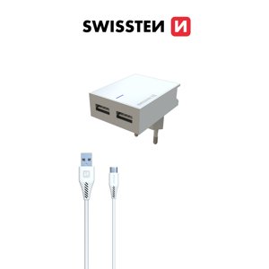 SWISSTEN SLIM cestovní síťová nabíječka 2xUSB, 3A + kabel USB/micro USB Barva: Bílá