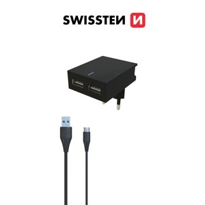 SWISSTEN SLIM cestovní síťová nabíječka, 3A, 2xUSB + kabel USB/USB-C Barva: Černá