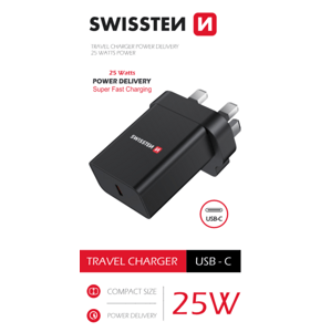 SWISSTEN síťový adaptér PD 25W pro IPhone a Samsung pro UK zásuvku Barva: Černá