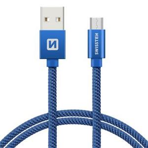 SWISSTEN datový kabel USB-A / micro USB, s textilním opletem, délka 0,2 m Barva kabelu: Modrá