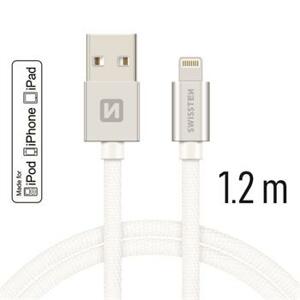 SWISSTEN datový kabel USB-A / Lightning, s textilním opletem, certifikace,  MFi, délka 1,2 m Barva kabelu: Stříbrná