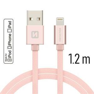 SWISSTEN datový kabel USB-A / Lightning, s textilním opletem, certifikace,  MFi, délka 1,2 m Barva kabelu: Růžovo-zlatá