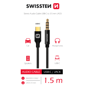 SWISSTEN Audio adaptér textilní USB-C (samec) / 3,5 mm JACK (samec) 1,5 m, černý